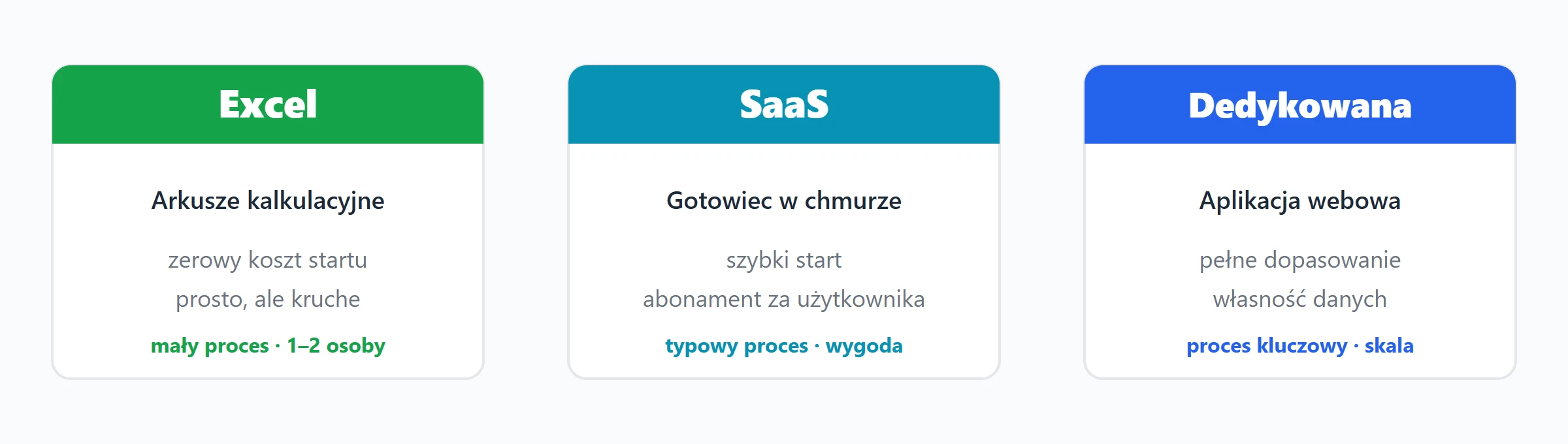 Porównanie trzech sposobów zarządzania procesem w firmie: Excel, gotowy SaaS i dedykowana aplikacja webowa, czyli koszt, dopasowanie i własność danych